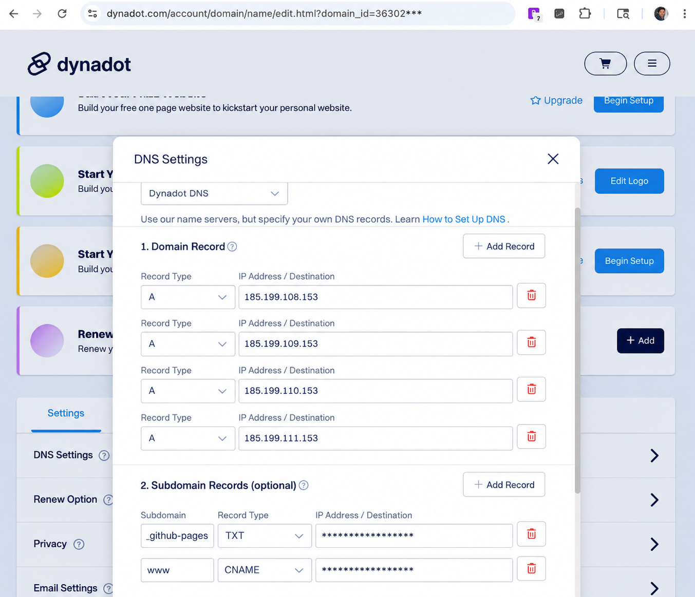 Dynadot DNS GitHub Pages records
