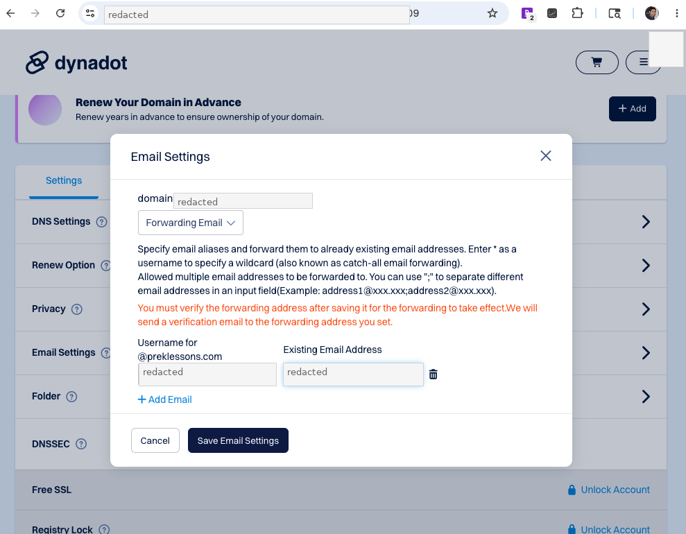 Dynadot email forwarding