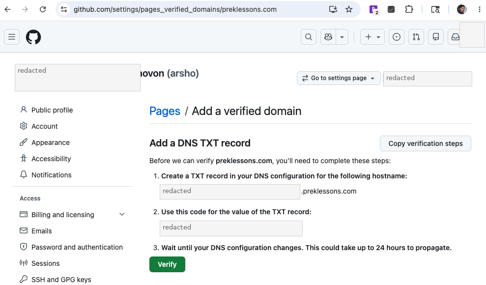 GitHub Pages domain verification TXT record