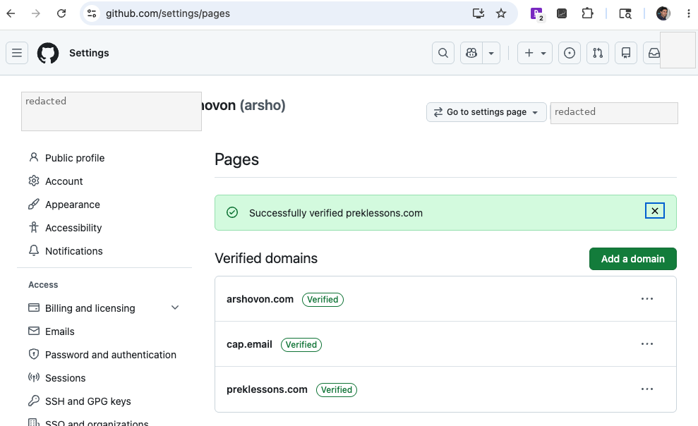 GitHub Pages profile domain verified