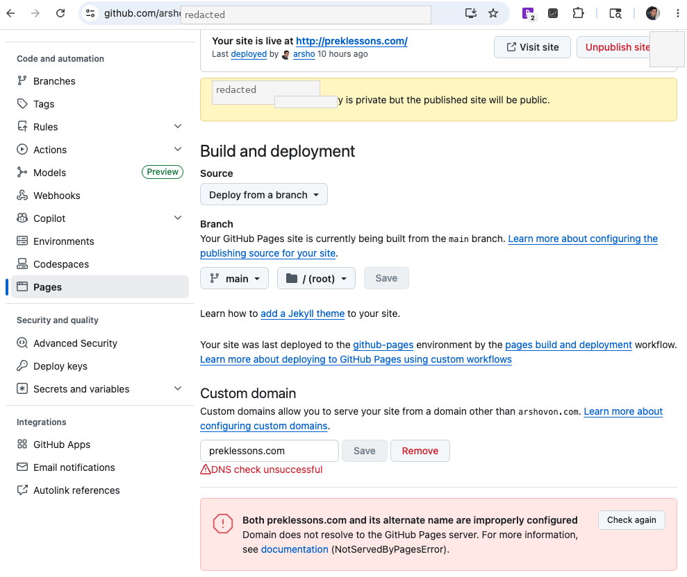 GitHub Pages custom domain DNS error