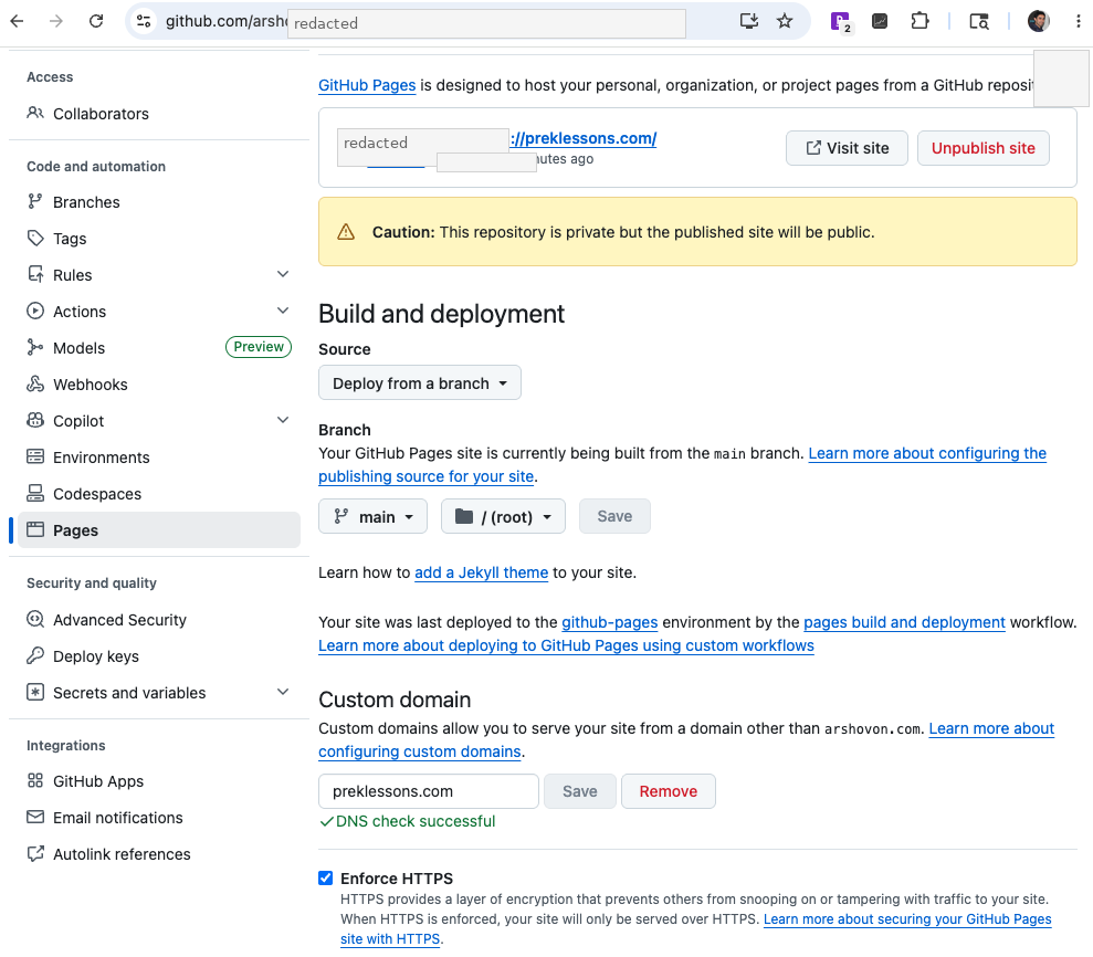 GitHub Pages custom domain DNS success